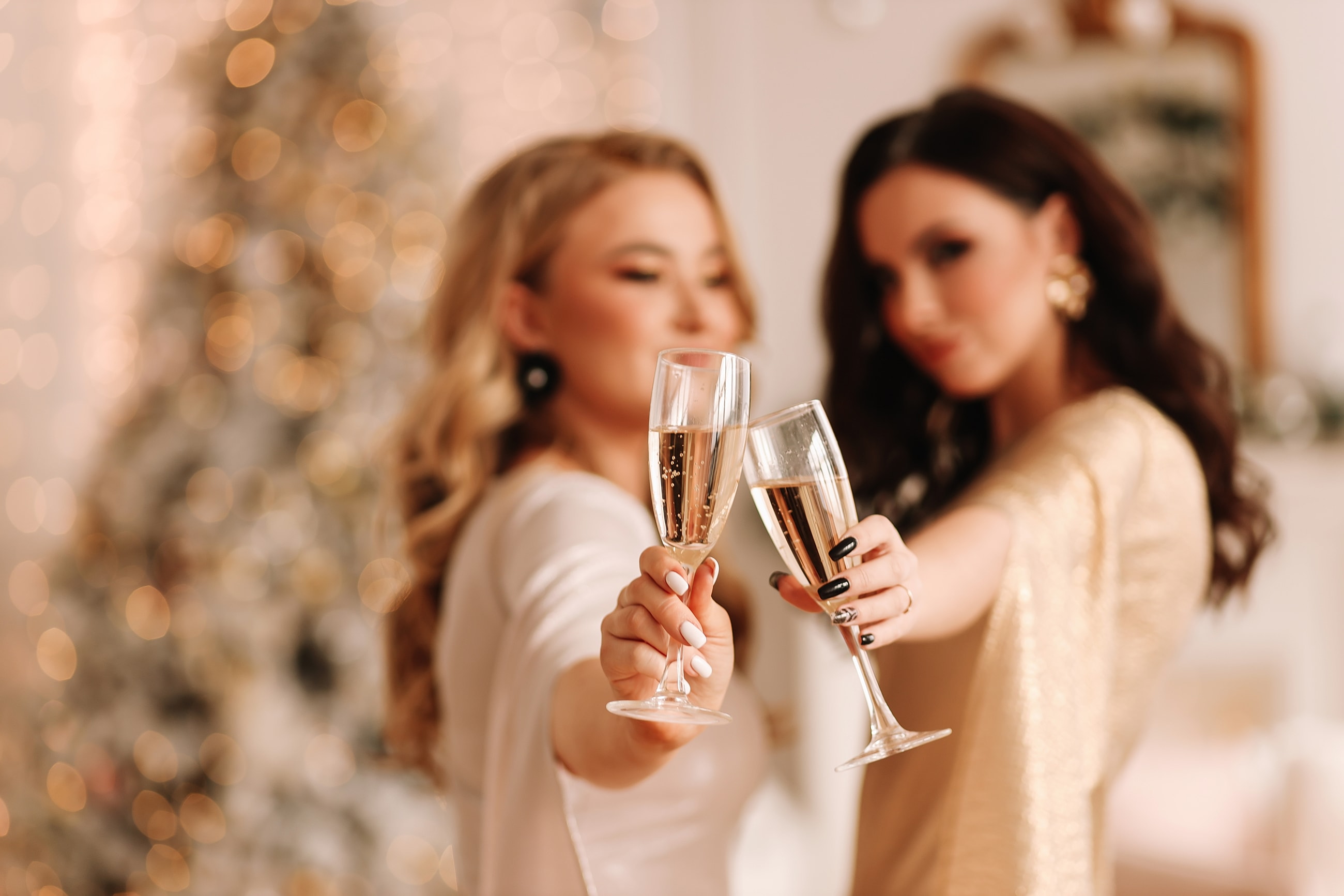 Two friends toasting with champagne glasses.